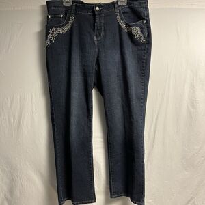 Roz&Ali Denim Jeans Women’s 18 Embroidered Sequin Dark Wash Wide Leg Boho Hippie